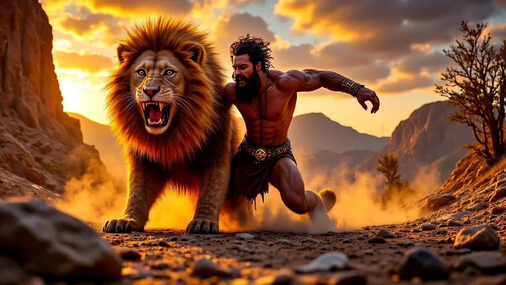 Heracles battling the Nemean Lion in golden sunset light.