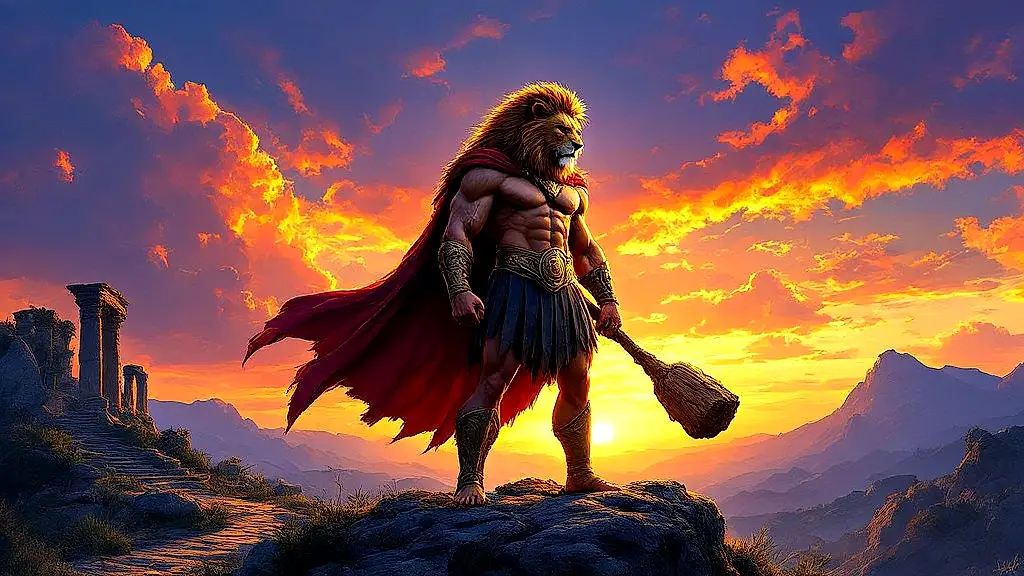 Heracles in lion skin with club, epic sunset backdrop.