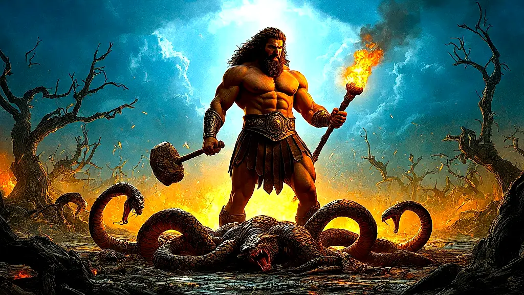 Heracles triumphantly standing over the slain Hydra.