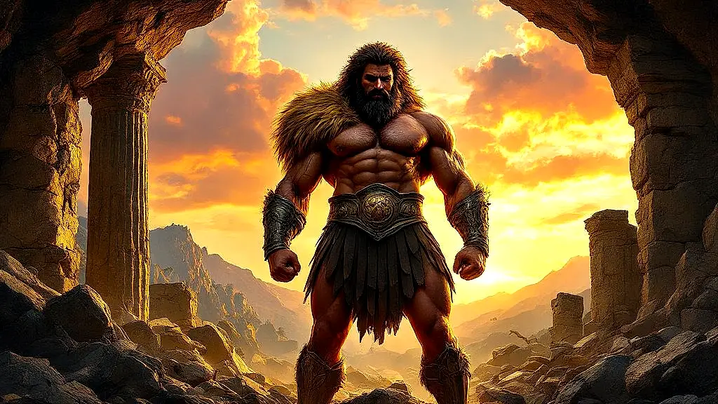 Heracles wearing Nemean lion skin, holding giant club.