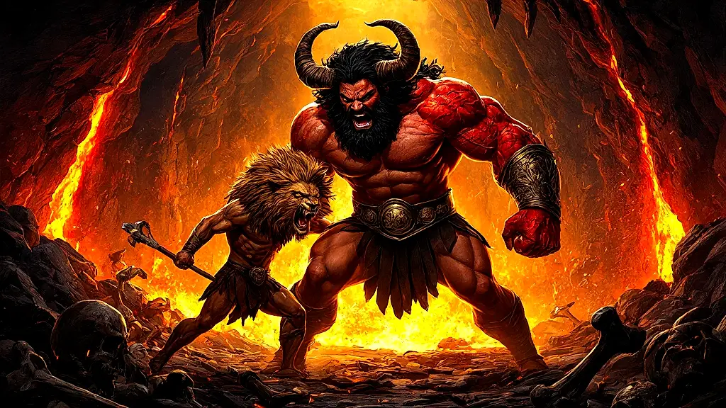 Hercules battles fire-breathing Cacus in a fiery cavern.