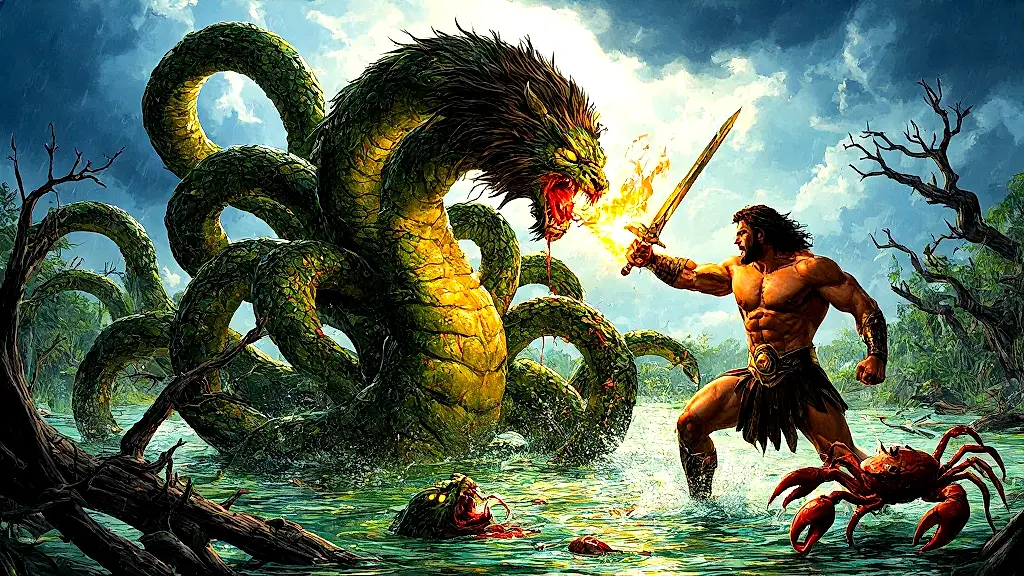 Hercules battles Hydra in swamp, Iolaus burns necks.