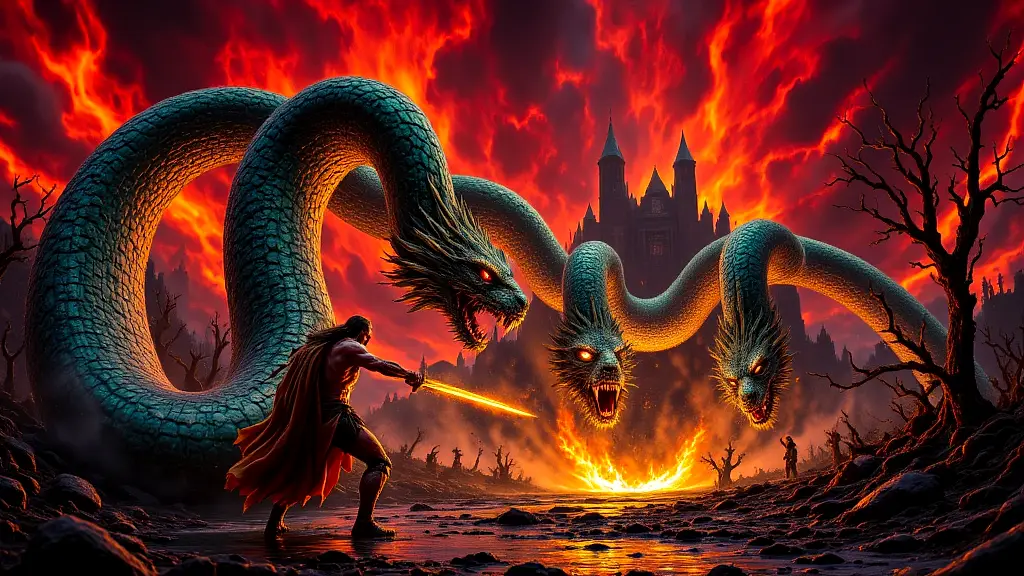 Hercules battles the multi-headed Hydra in a fiery swamp.