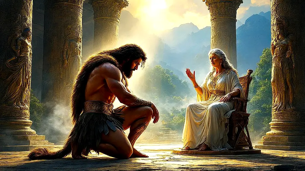 Hercules kneels before the Delphic Oracle, seeking redemption.