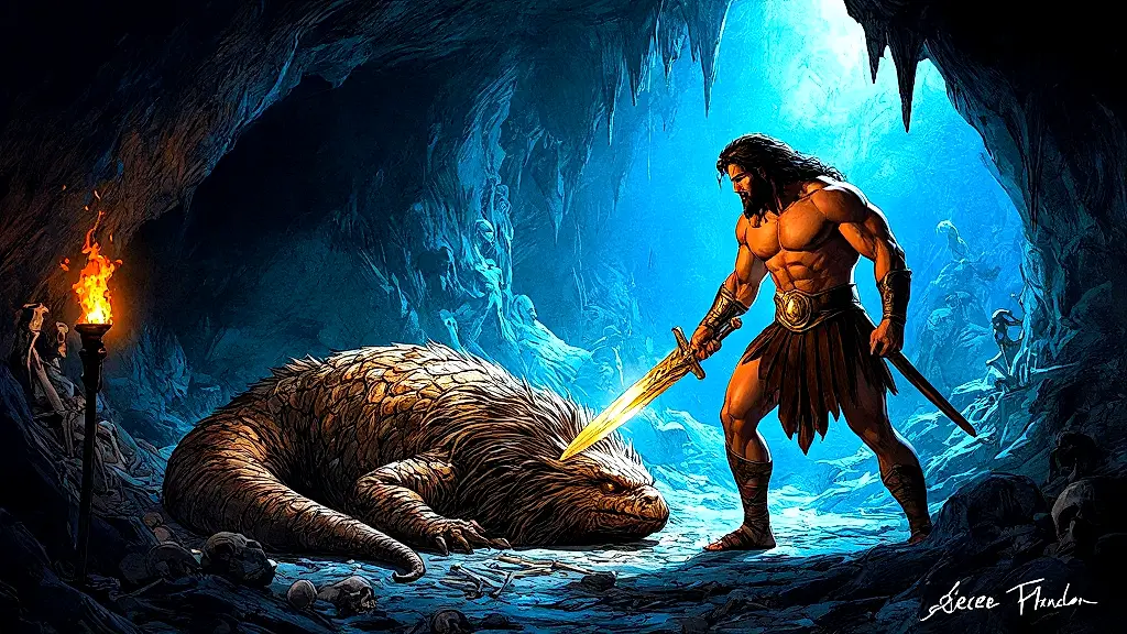 Hercules poised to strike sleeping Echidna in cave.