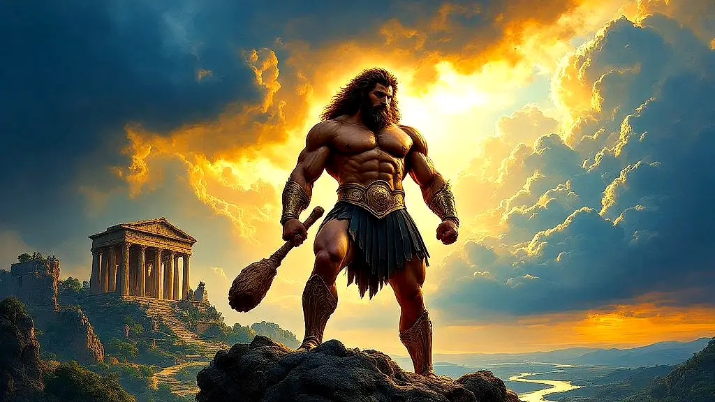Hercules standing victorious with lion pelt and golden apples.