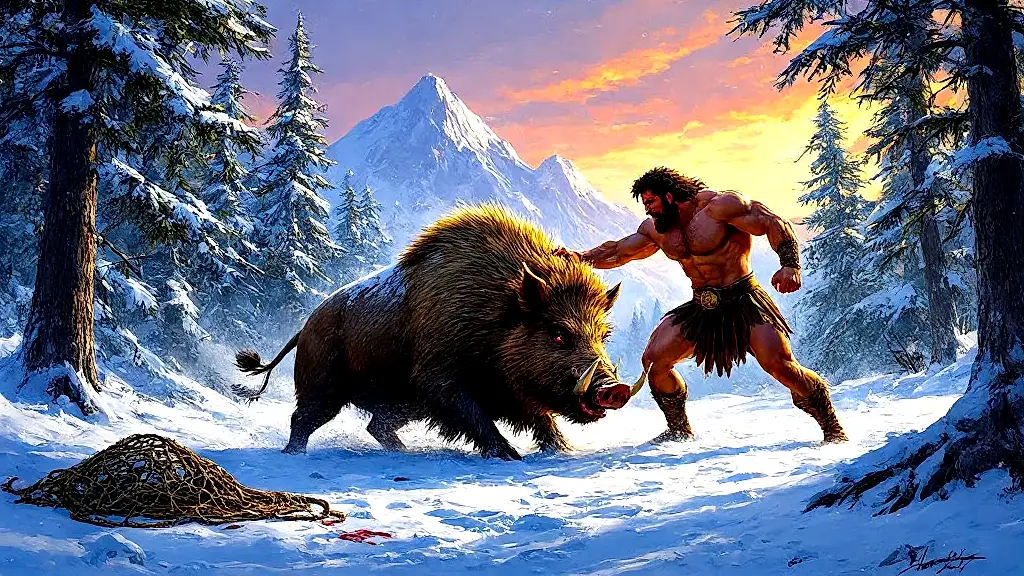 Hercules wrestles giant boar in snowy forest at twilight.