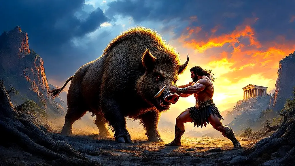 Hercules wrestles the monstrous Erymanthian Boar at dusk.