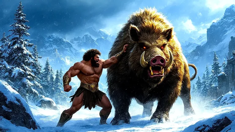 Hercules wrestles the monstrous Erymanthian Boar in snowy mountains.