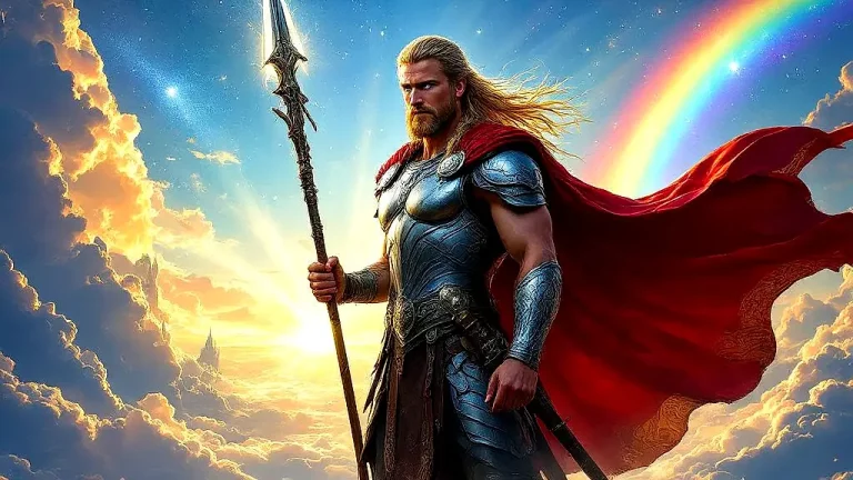 Hermóðr, Norse god of delivery, rides Sleipnir across Bifrost.