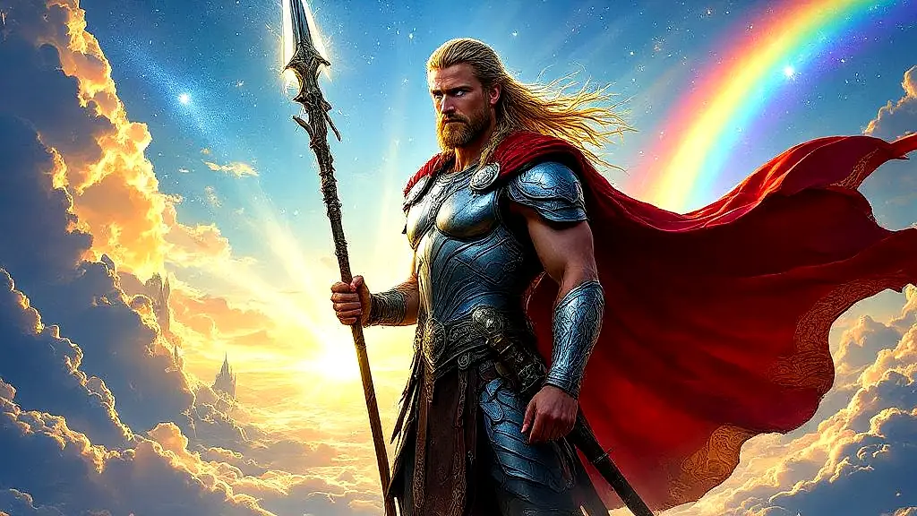 Hermóðr, Norse god of delivery, rides Sleipnir across Bifrost.