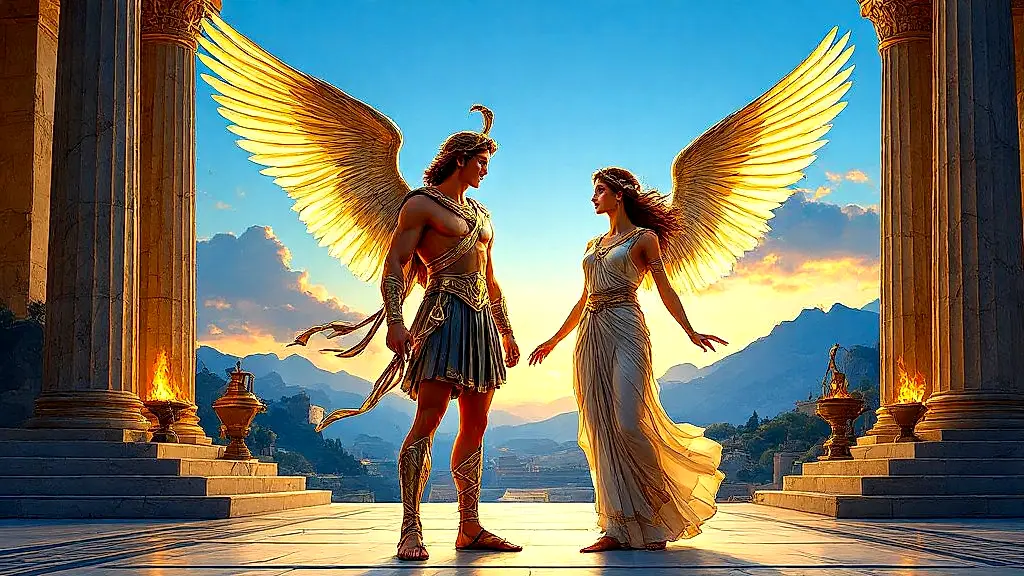 Hermes and Nike, Greek gods, in a grand mythical scene.