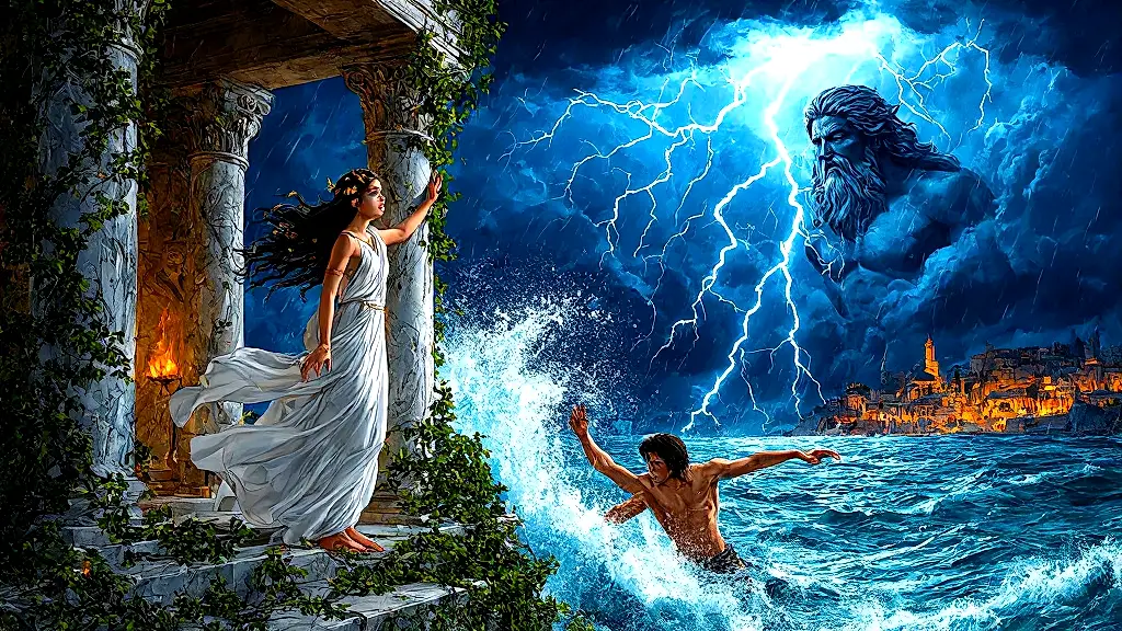 Hero and Leander defy gods and storm in tragic love.
