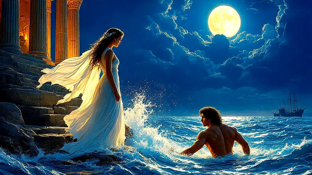 Hero and Leander in a tragic moonlit Greek myth scene.