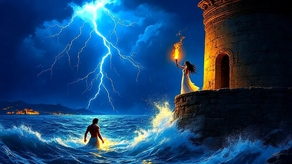 Hero watches Leander struggle in stormy sea at night.