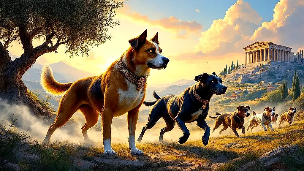 Heroic Greek dogs with mythic names in golden landscape.