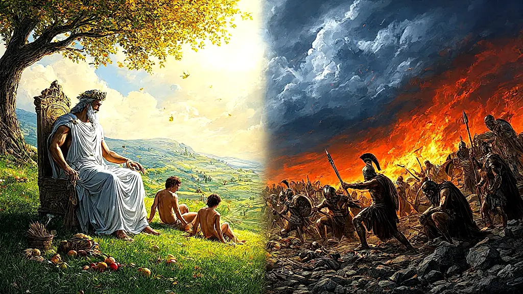 Hesiod's Ages of Man: Golden to Iron Age decline.