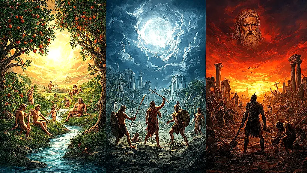 Hesiod's Five Ages of Man mythological panorama.