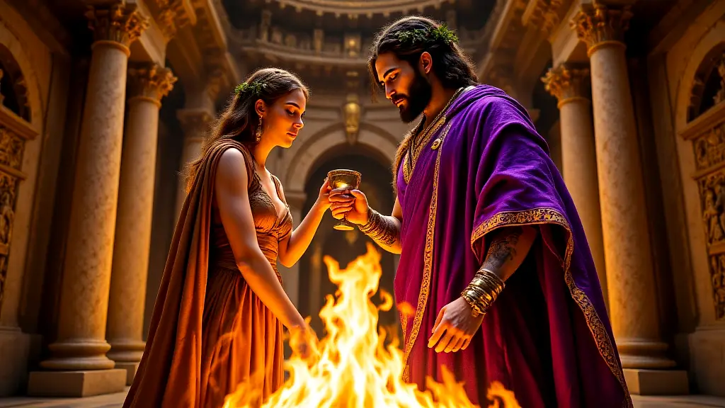 Hestia and Dionysus at Olympus's hearth, vibrant and divine.
