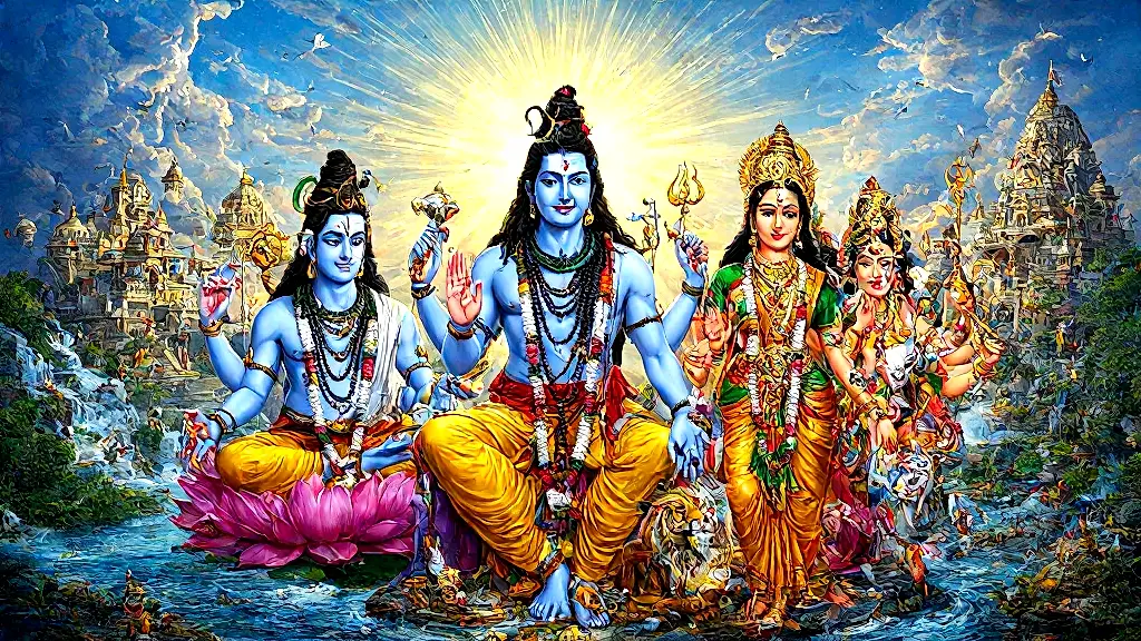 Hindu Trimurti and Shakti in vibrant divine forms.