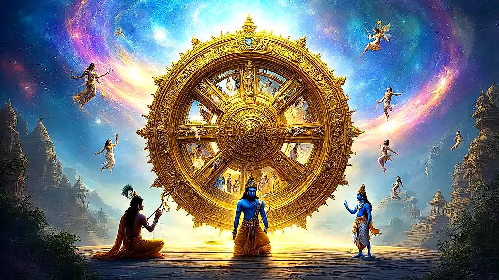 Hindu Wheel of Rebirth with Krishna, Yama, and Arjuna