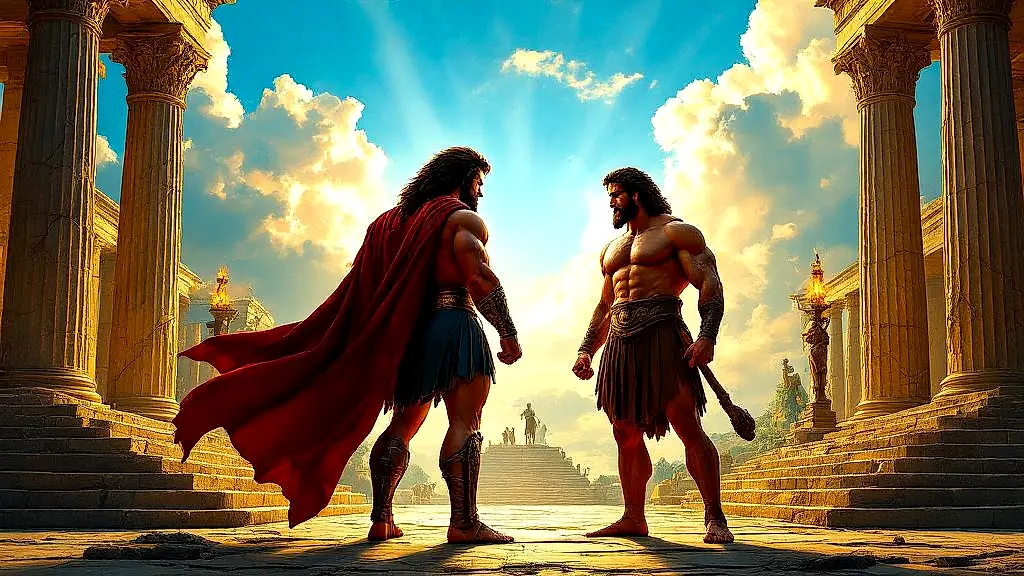 Hollywood Hercules vs mythic Heracles in vibrant Greek temple.