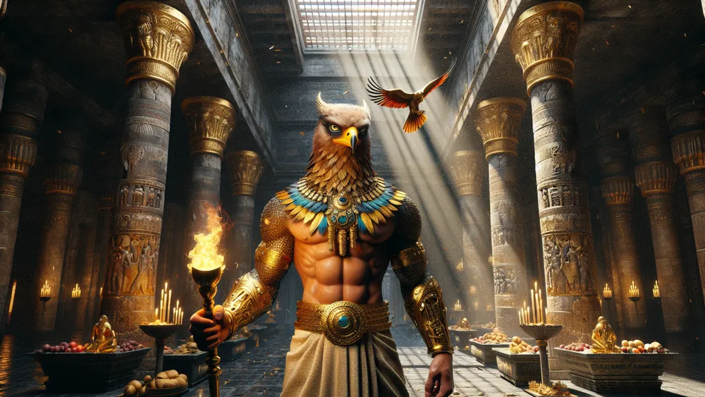 Horus Egyptian God With Falcon Head In Ancient Temple