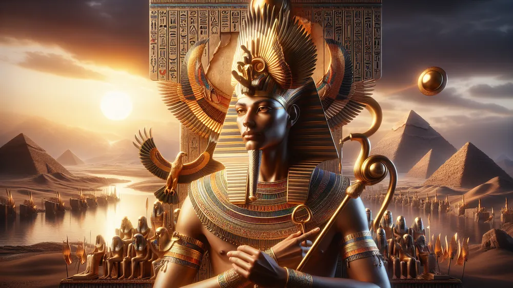 Hu Egyptian God Of Creation In Traditional Attire Amidst Ancient Pyramids At Dusk