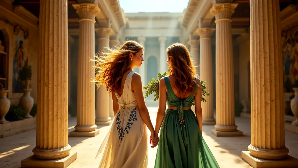 Hygieia and Panacea in a sunlit Greek healing temple.