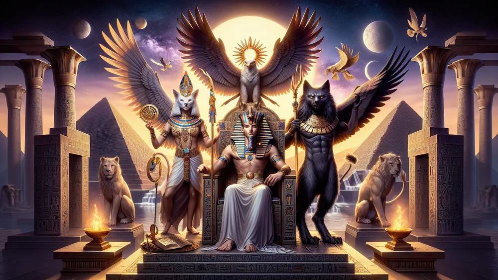 Hyper Realistic Depiction Of Ra Anubis And Isis In An Egyptian Mythology Scene