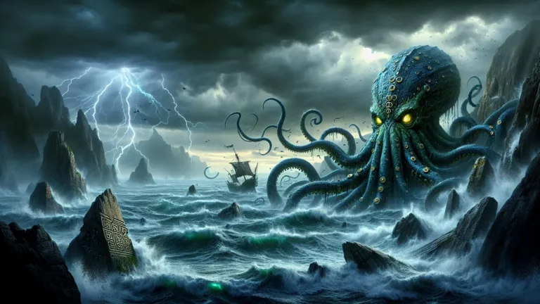 Hyper Realistic Kraken From Norse And Greek Myths In Stormy Sea