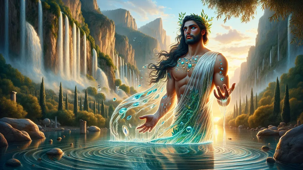 Hyper Realistic Scamander River God In Flowing Water Under A Trojan Sunset