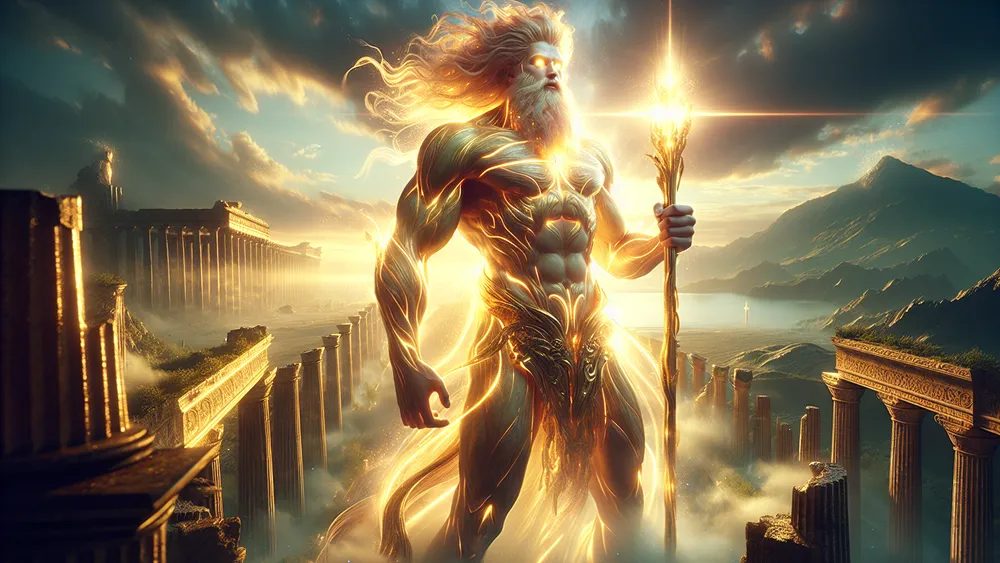 Hyperion Greek Titan God Of Light In Radiant Armor With Celestial Staff