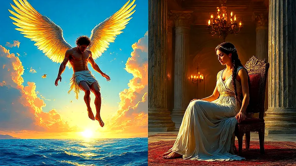 Icarus falling and Penelope weaving in vivid Greek mythology scene.