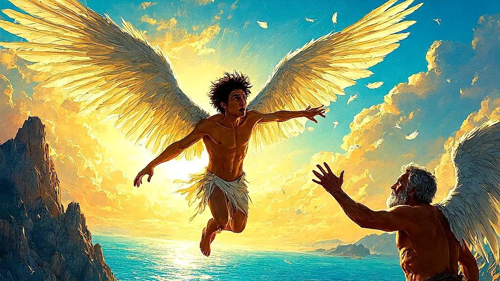 Icarus falling as wax wings melt in golden sunlight.