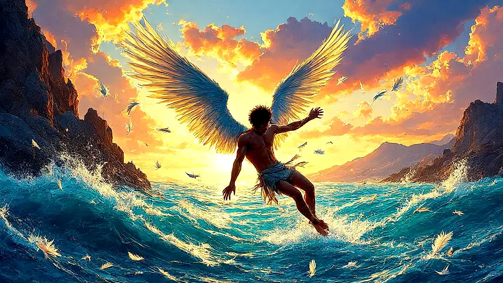 Icarus falling into the Icarian Sea, wings shattered.