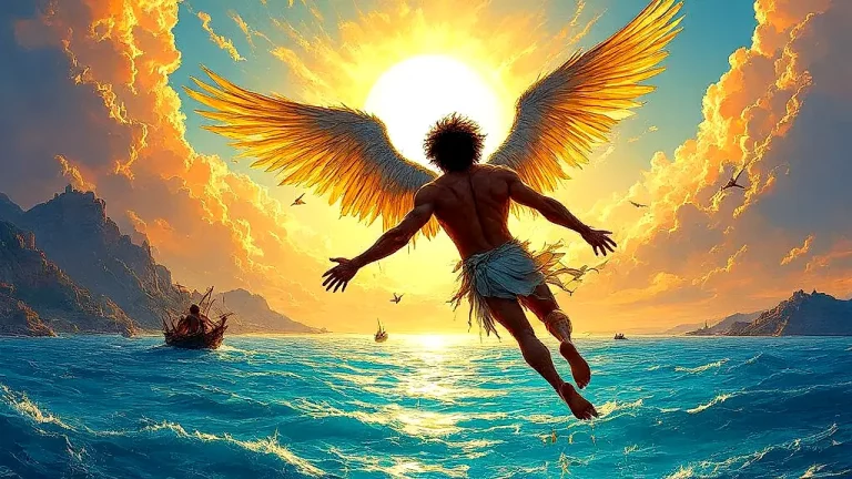 Icarus falling, wings melting, golden sun, vibrant sea.