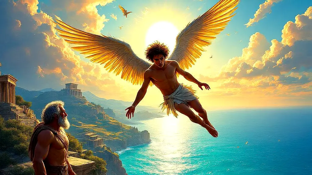 Icarus falling, wings melting, Greek mythological tragedy.
