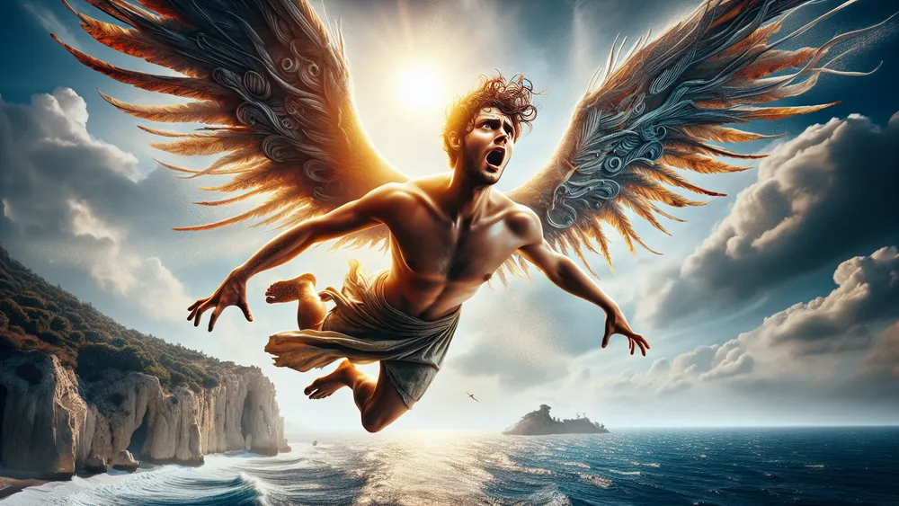 Icarus Soaring With Wings Nearing The Sun In A Clear Sky