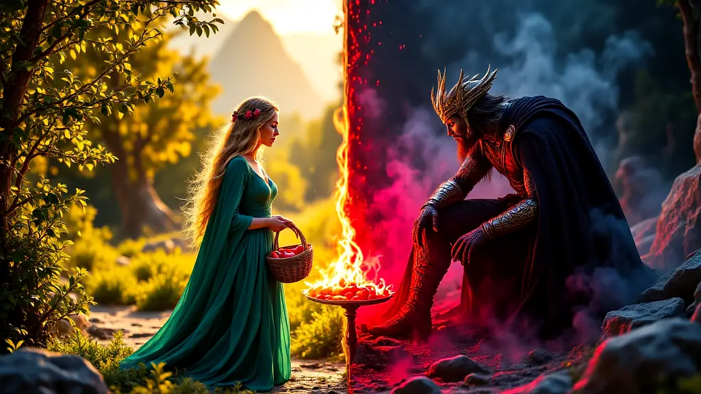 Idunn's golden apples and Persephone's pomegranate seeds contrast.