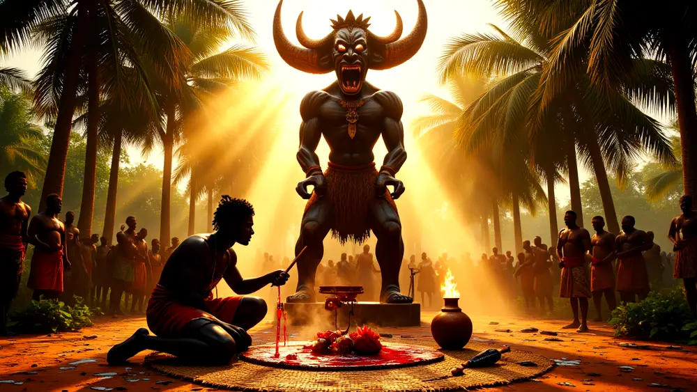 Igbo ritual offering to Ikenga with palm wine and sacrifices.