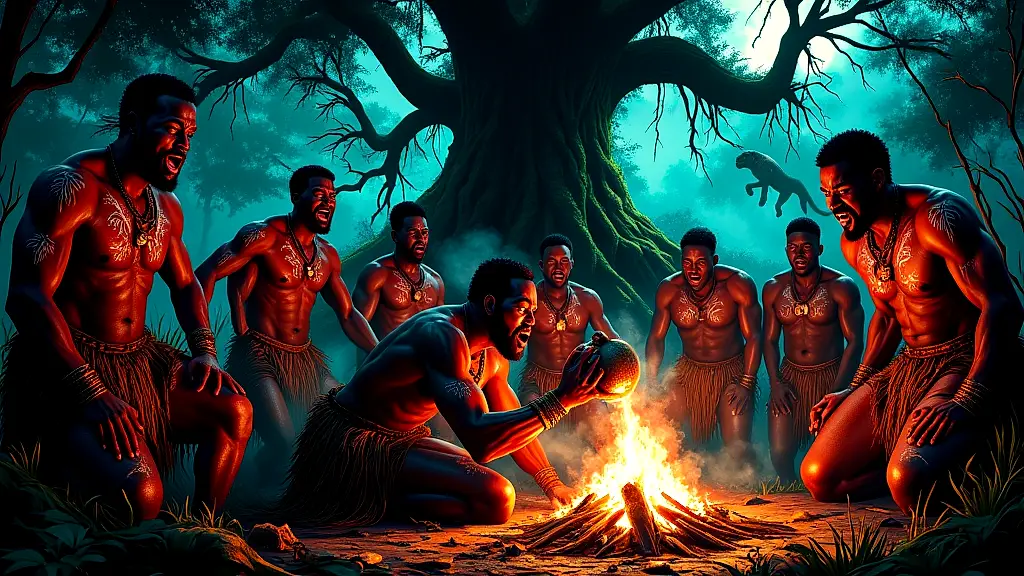 Igbo warriors perform Ekwensu ritual in moonlit evil forest.