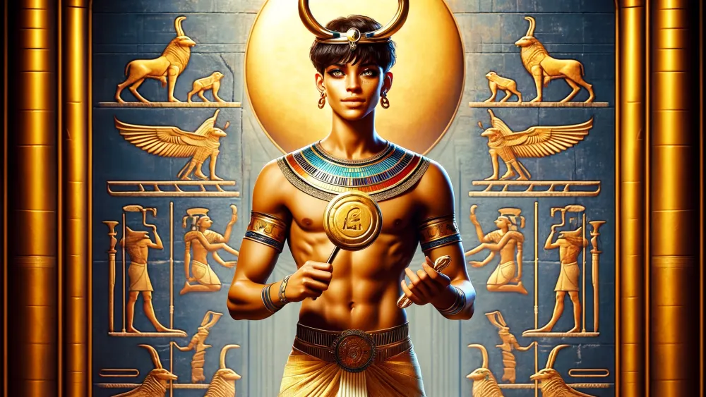 Ihy, the Egyptian God of Music, in a temple courtyard.