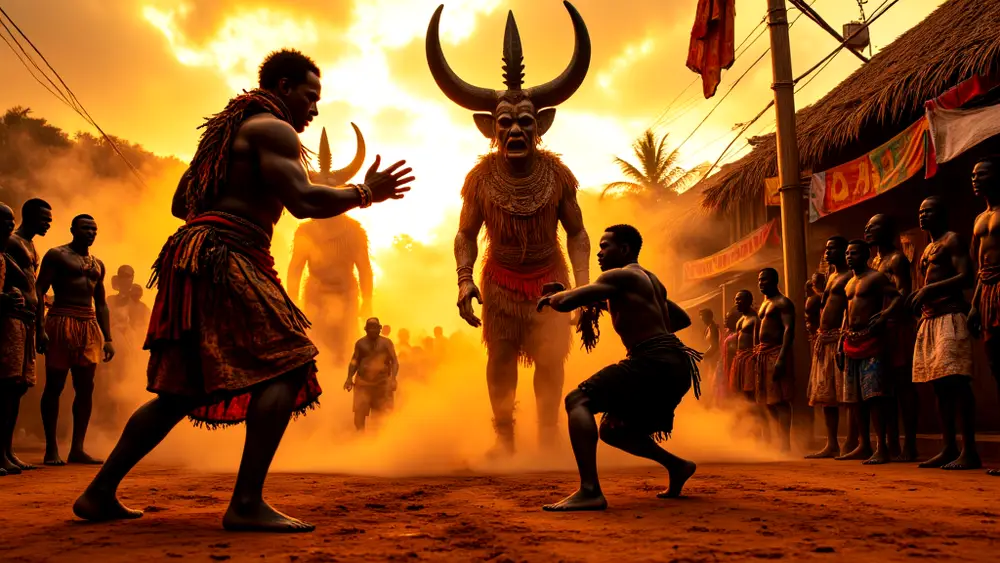Ikenga festival parade with wrestlers, drummers, and towering horned statues.