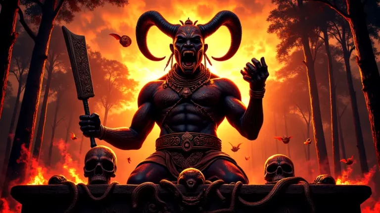 Ikenga, Igbo Horned God, standing victorious with machete and trophy.