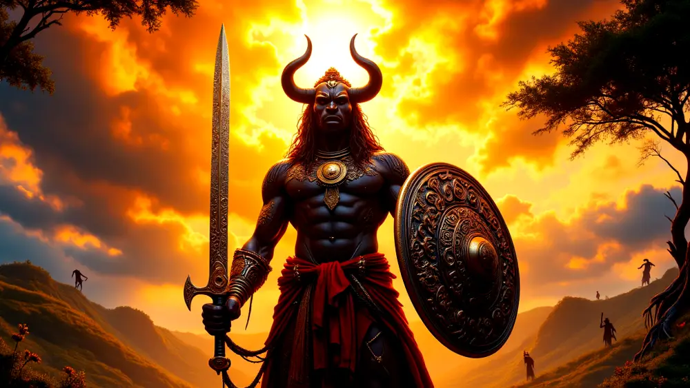 Ikenga wields sword and shield, embodying Igbo power and protection.