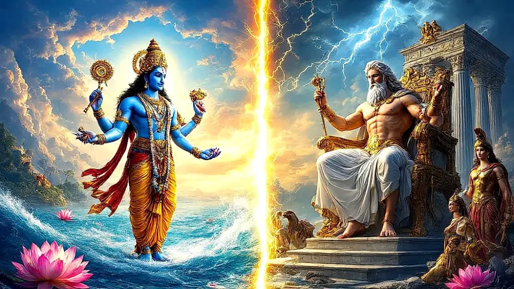 Indian vs Greek gods Vishnu and Zeus clash mythologies.