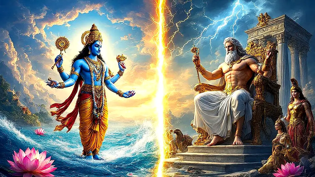 Indian vs Greek gods Vishnu and Zeus clash mythologies.