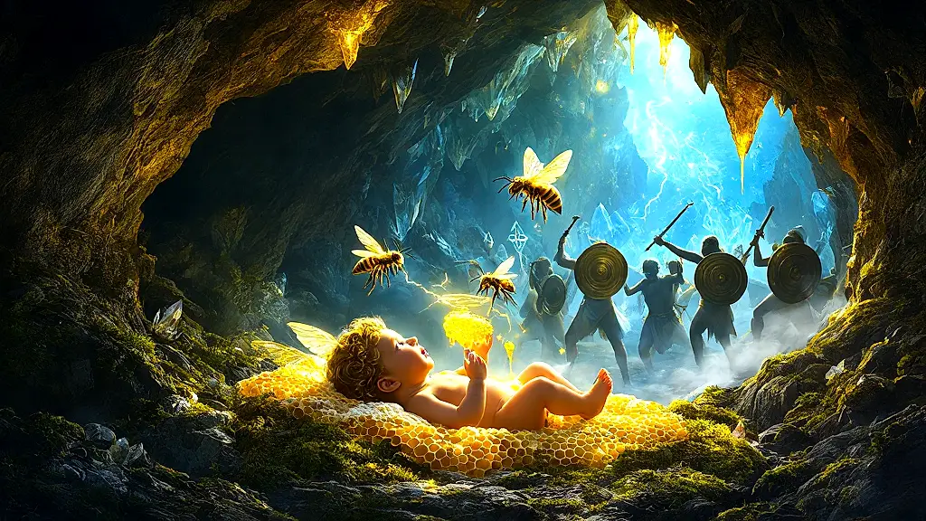 Infant Zeus fed by golden bees in Mount Ida’s cave.