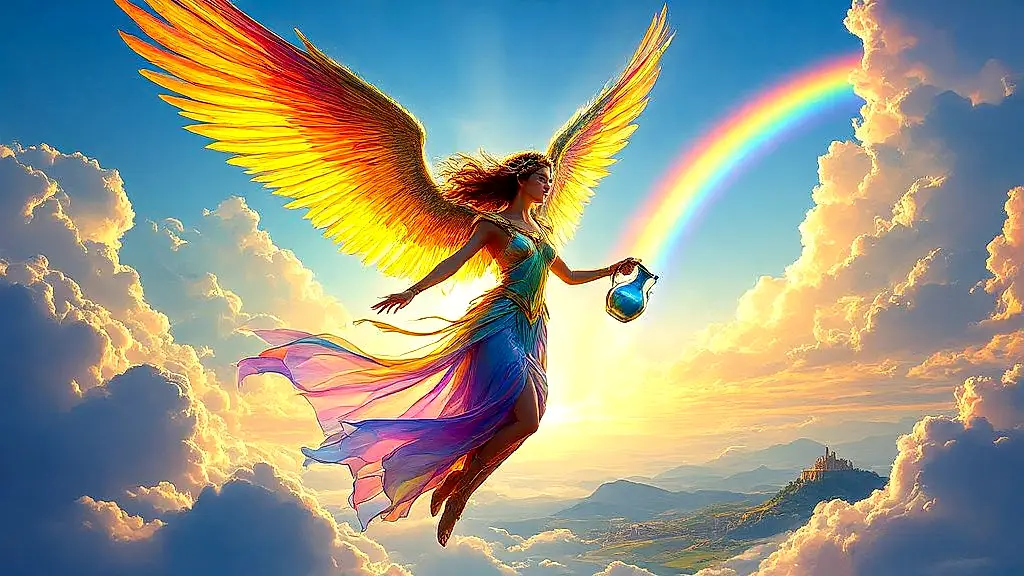 Iris, Hera’s rainbow messenger, flying across a vibrant sky.